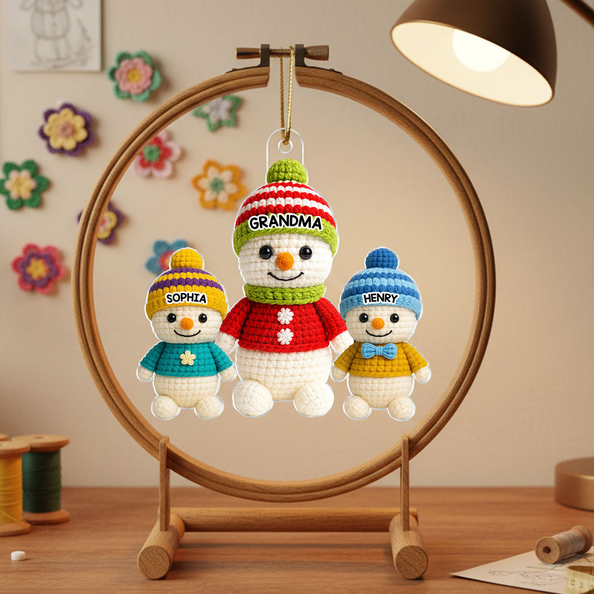 Heartwarming Grandma Grandkids Snowman 3D Crochet Effect - Personalized Acrylic Ornament - Christmas Gift for Grandmas