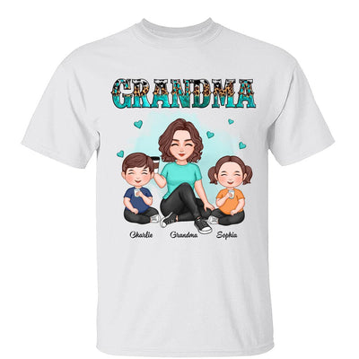 Grandma Sitting With Grandkids Leopard Pattern Personalized Shirt