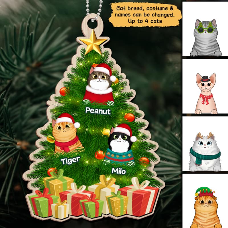 Fluffy Cat In Christmas Tree Personalized Wooden Ornament