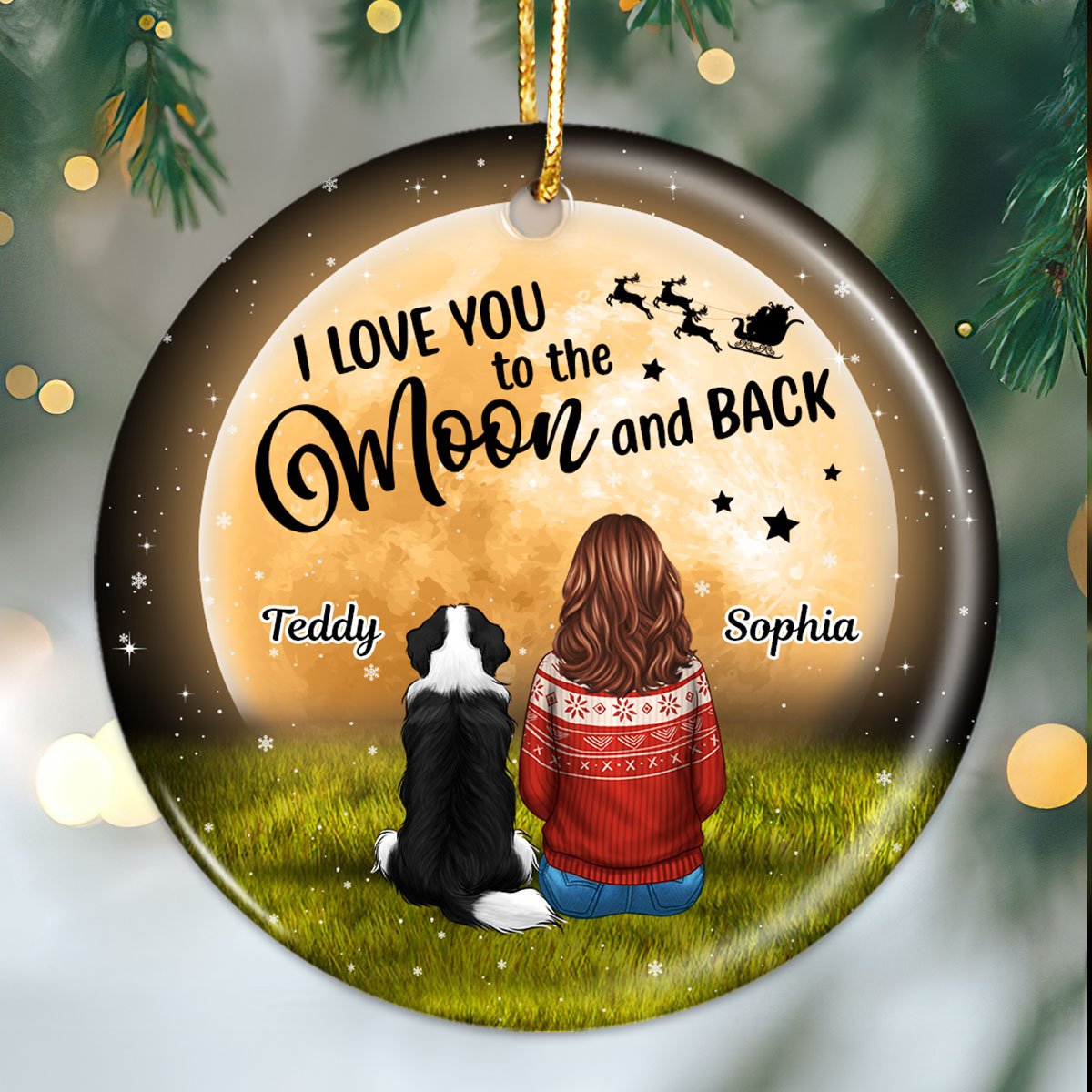 Dog Mom Sitting In Moonlight Personalized Circle Ornament