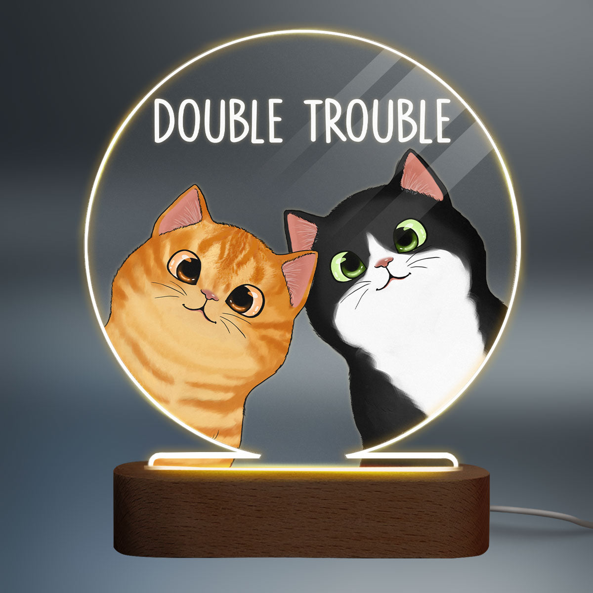 Peeking Cats Double Trouble Personalized Circle Acrylic Plaque LED Lamp Night Light
