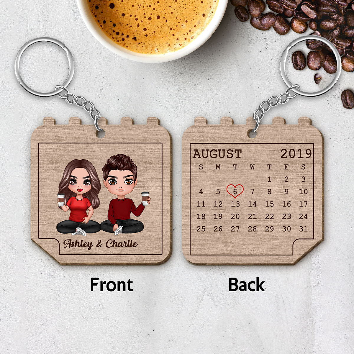 Doll Couple Sitting Calendar Shape Anniversary Date Personalized Wooden Keychain