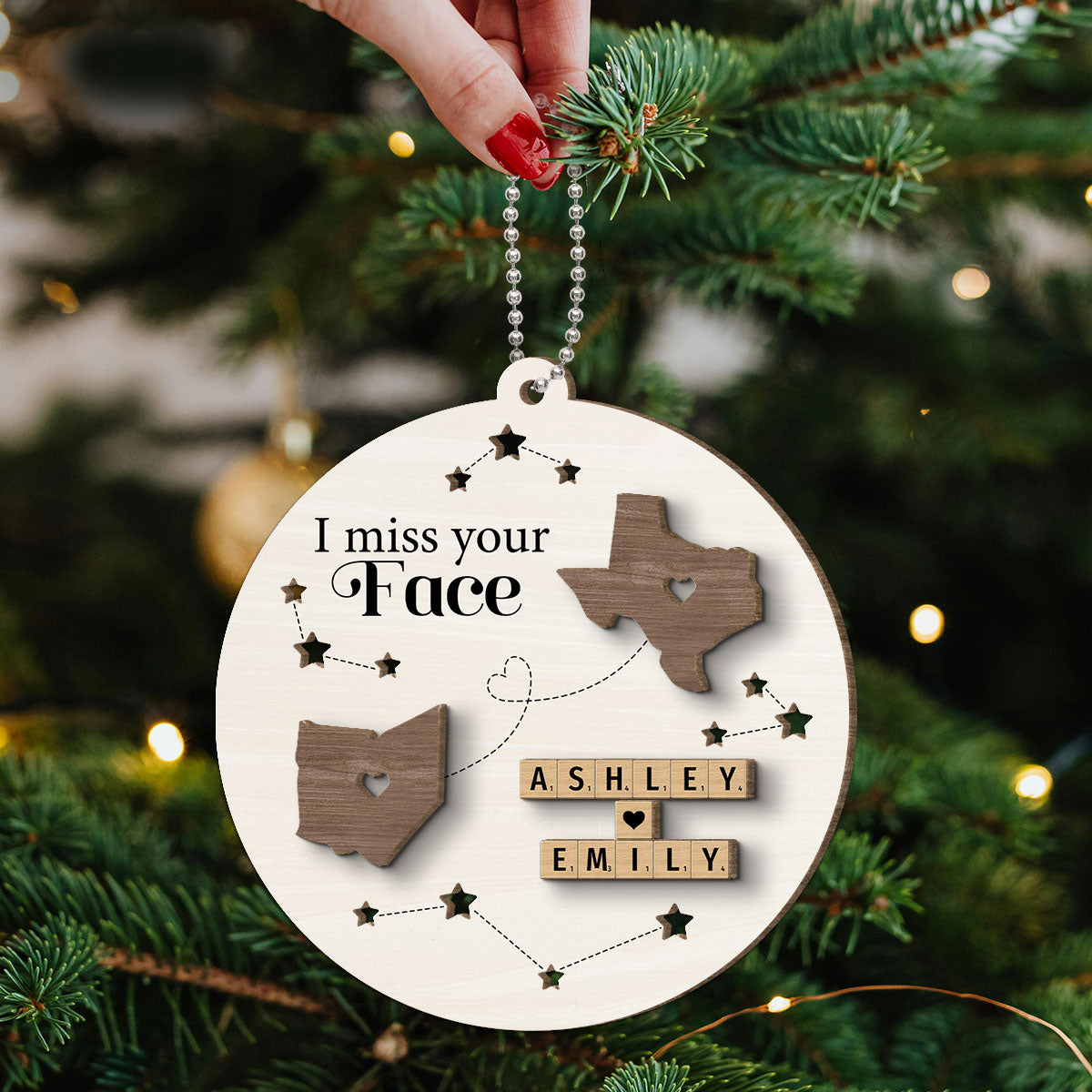 I Miss Your Face Long Distance State Maps Wooden Blocks Personalized 2-Layer Wooden Ornament, Christmas Gift For Besties, Couple, Family