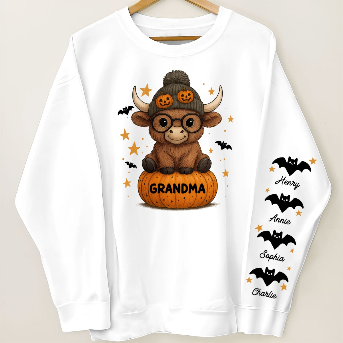 Halloween Highland Cow Grandma Personalized Sleeve Printed Sweatshirt