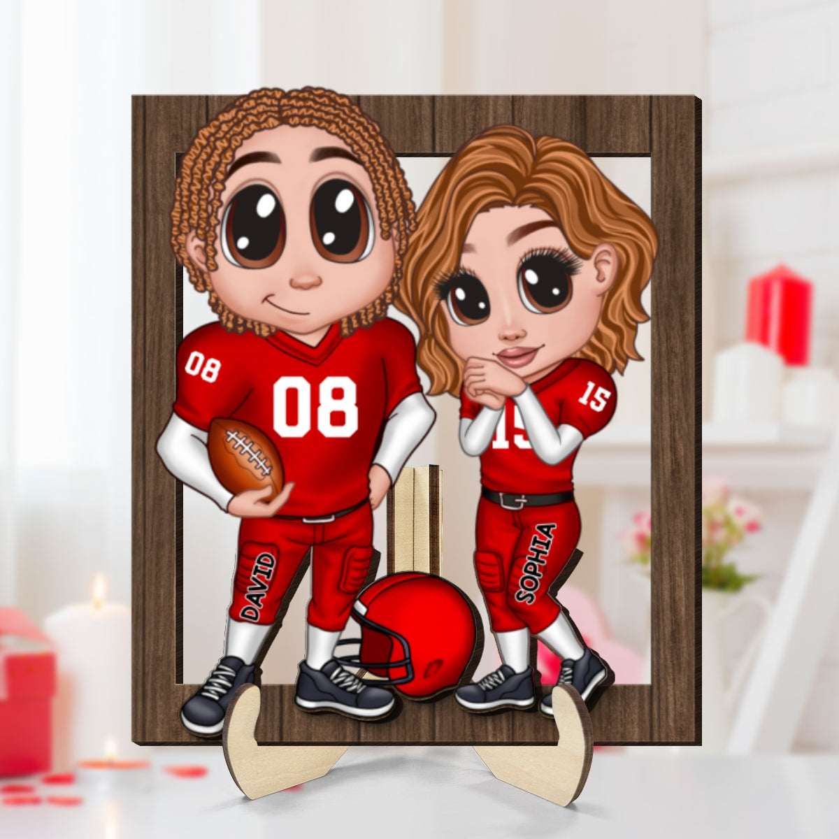 American Football Couple Y2K Style Frame Personalized 2-Layer Wooden Plaque,  Gift For Couples
