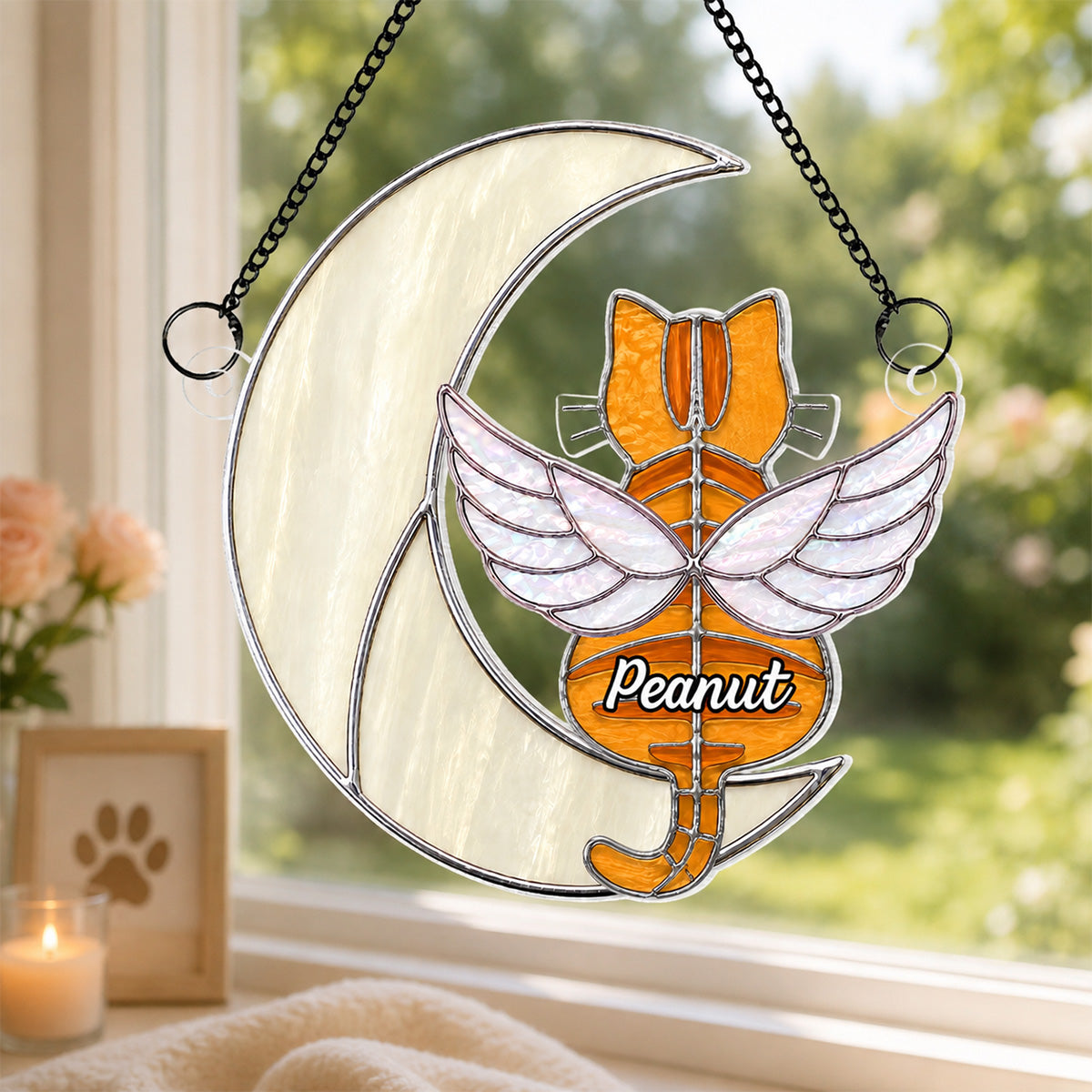 Cat Sitting On Moon Memorial Pet Loss - Personalized Acrylic Window Hanging - Pet Memorial Gift, Pet Loss Sympathy Gift