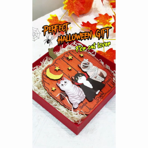 Halloween Cat Pumpkin Shaped - Personalized 2-Layered Wooden Plaque - Gift For Cat Lovers