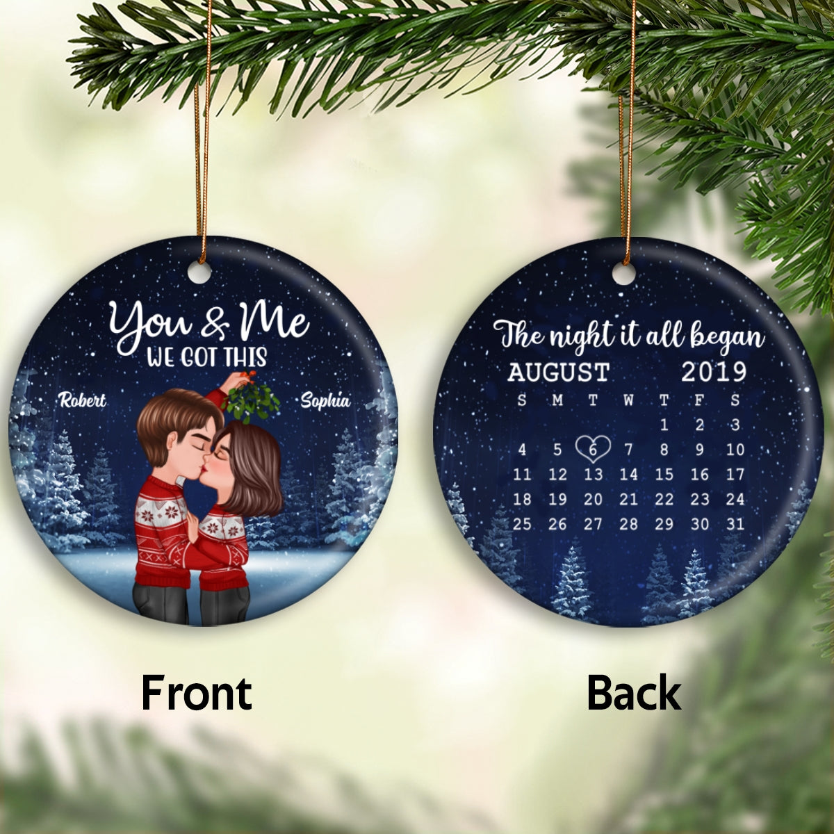 Couple Kissing Under Mistletoe Christmas Night Anniversary Date Calendar Personalized Double Sided Circle Ornament