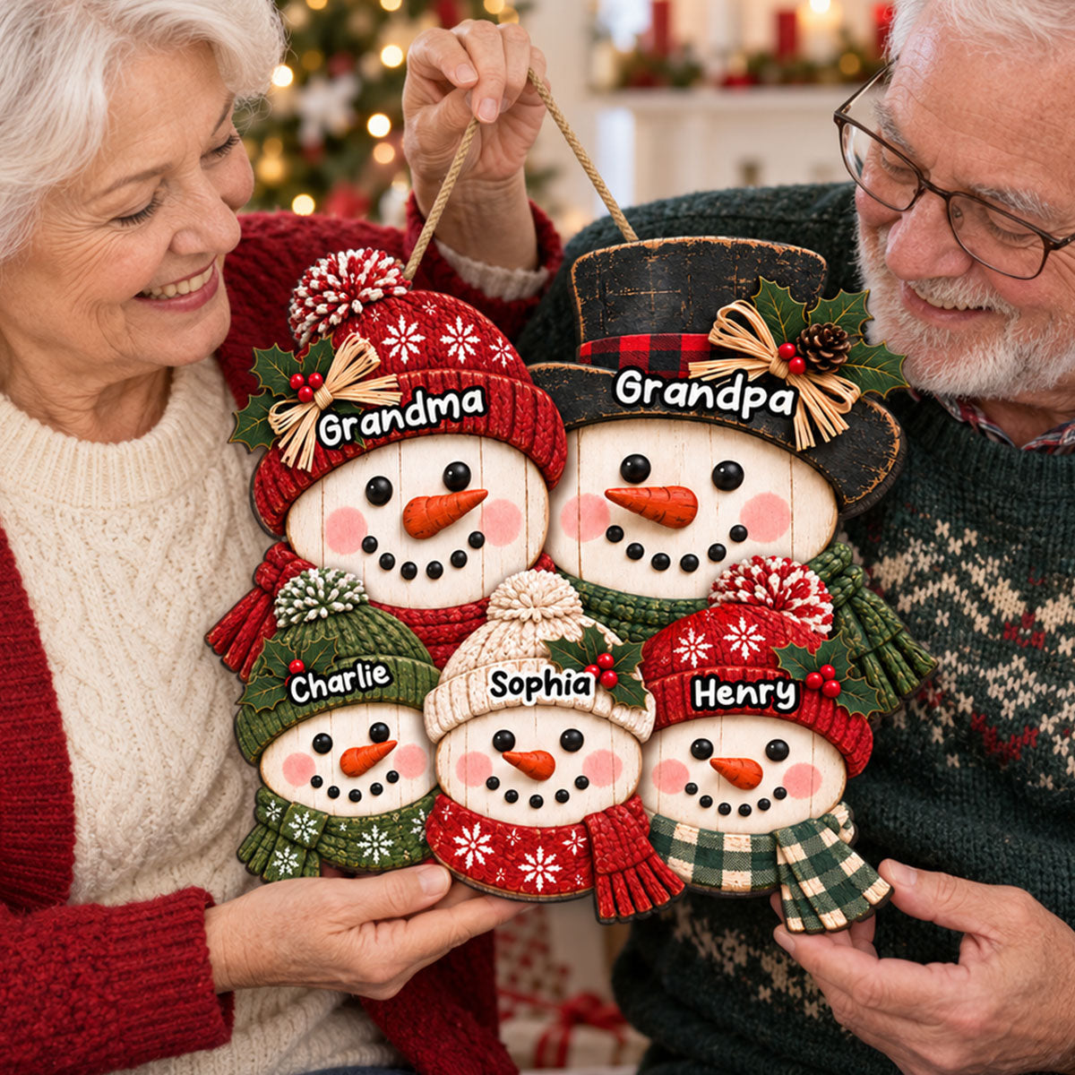 Cute Grandpa Grandma Snowman - Personalized Wood Sign - Christmas Decoration For Porch, Window, Door