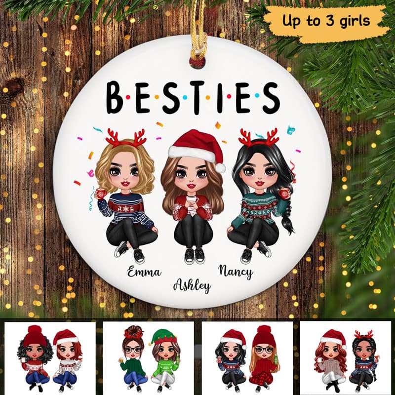 Christmas Confetti Doll Besties Sitting Personalized Circle Ornament