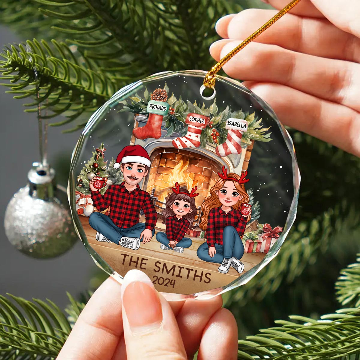 Animated Family Vintage Christmas Stockings Fireplace Personalized Glass Ornament, Christmas Gift For Family