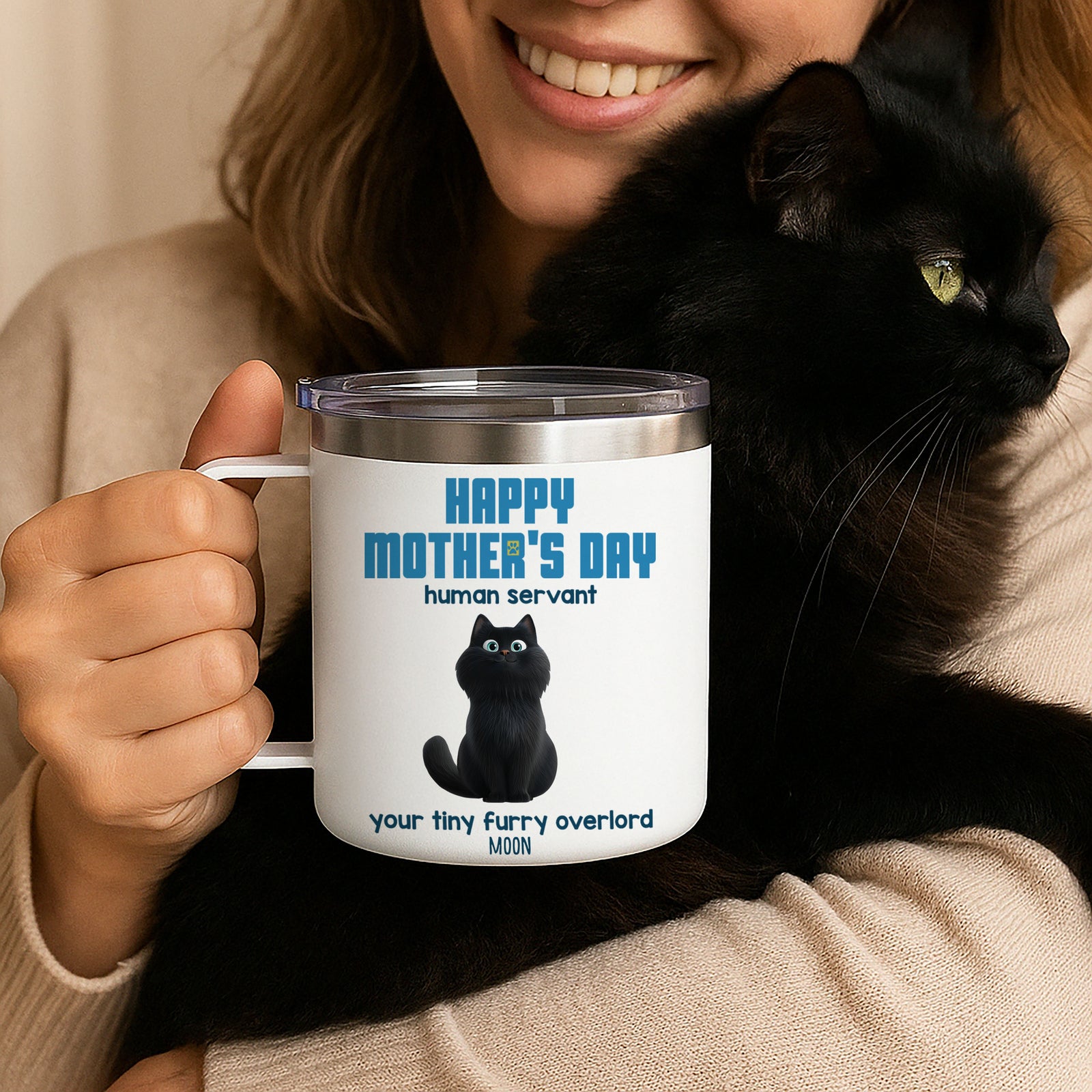 Happy Mother's Day Human Servant Personalized Stainless Steel Tumbler With Handle, Unique Gift for Cat Moms
