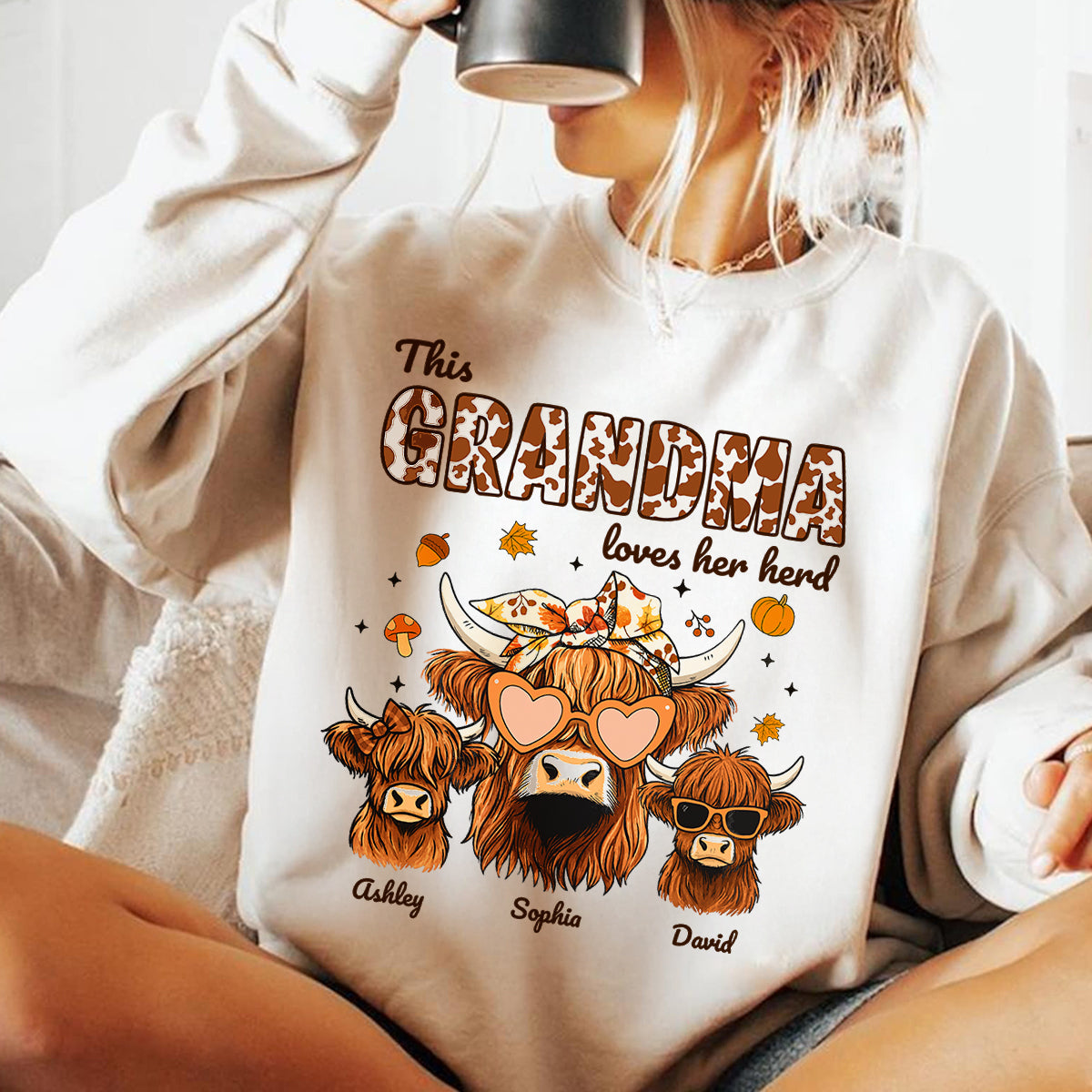 Fall Highland Cow Mom Grandma Personalized Sweatshirt, Cozy Fall Vibe Sweatshirt