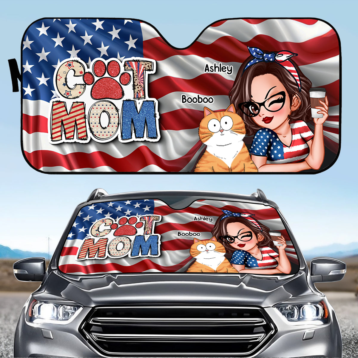 Cat Mom 4th of July America Sparkly Pattern Personalized Car Sunshade, Independence Day