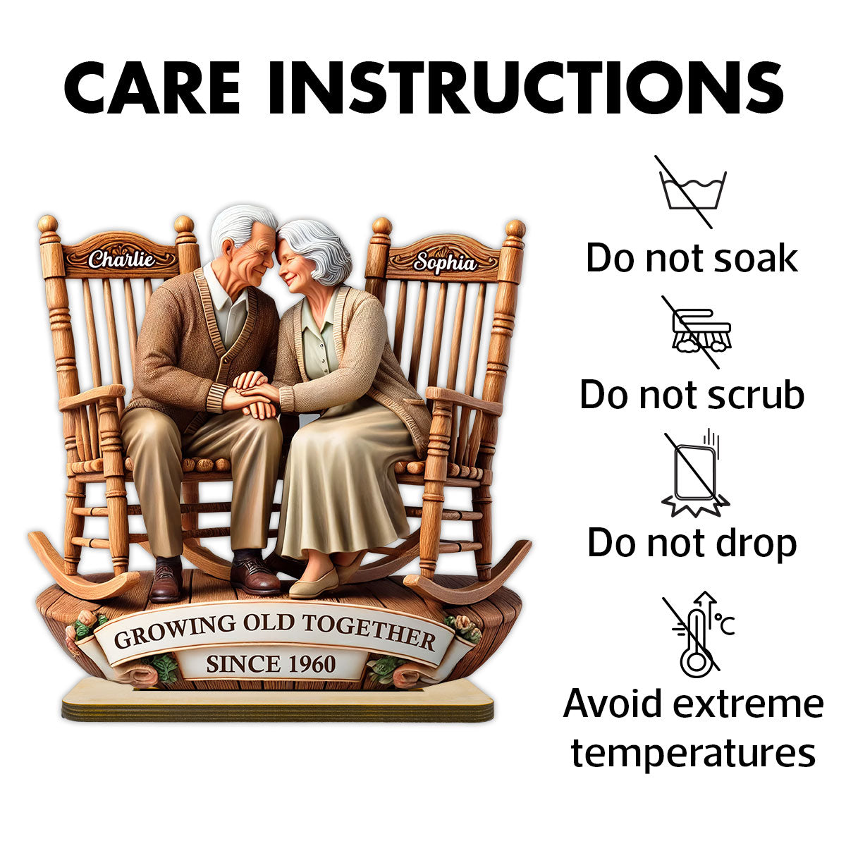 3D Effect Old Couple Sitting On Rocking Chairs Together - Personalized Wooden Plaque - Heartfelt Gift For For Her, For Wife