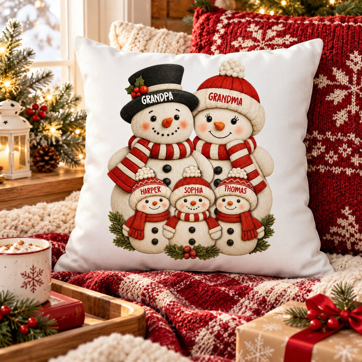 Cute Snowman Grandparents & Grandkids 2D Flat Printed - Personalized Pillow - Christmas Decor For Family, Grandma, Grandpa