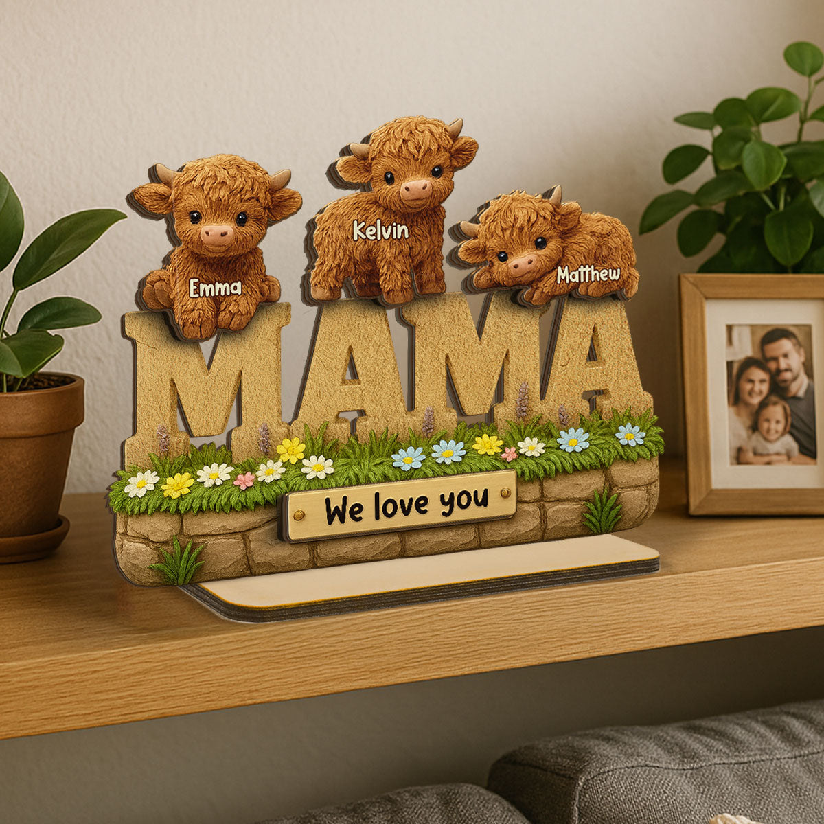 3D Effect Mama Cute Highland Cow Kids Names Personalized 2-Layer Standing Wooden Plaque, Unique Gift For Mom, Grandma