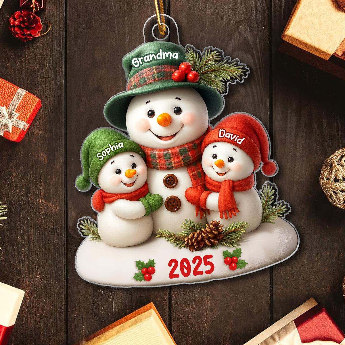 Snowman Grandma Hugging Grandkids Personalized Acrylic Ornament, Christmas Gift for Grandma, Grandkids