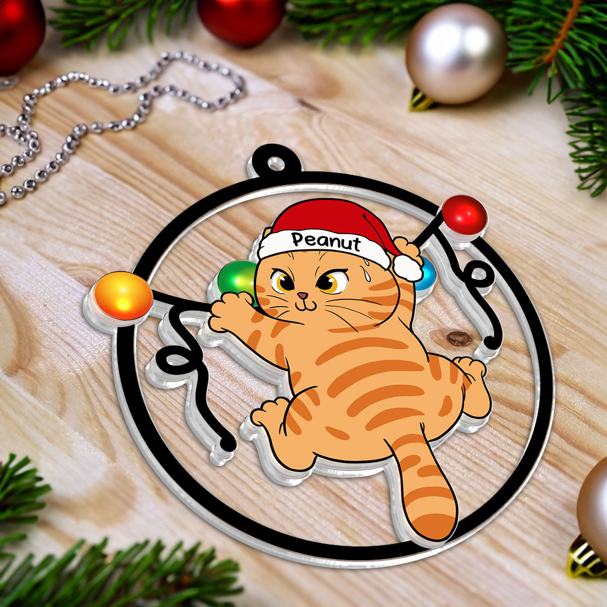 Cat Swinging Christmas Lights Personalized 2-Layer Acrylic Ornament, Christmas Decoration