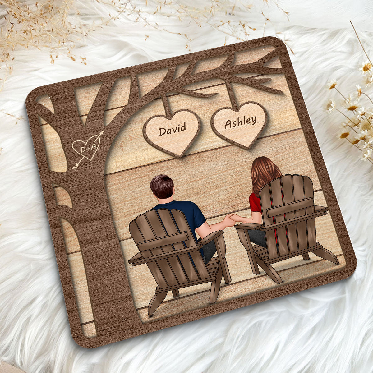 Back View Couple Sitting Under Tree Valentine‘s Gift For Him For Her Personalized 2-Layer Wooden Plaque