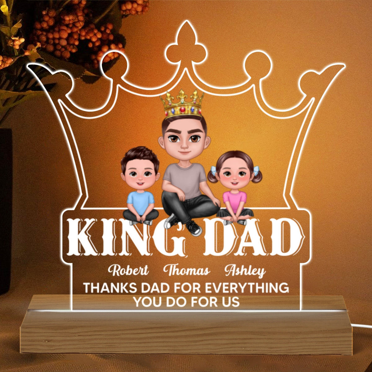 King Dad Doll Man And Kids Personalized Warm Acrylic Custom Shape LED Night Light