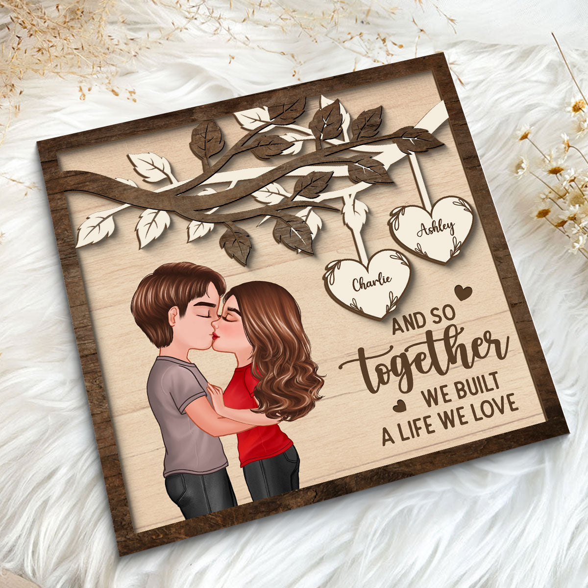 Couple Kissing Under Tree Valentine‘s Day Gift For Him For Her Personalized 2-Layer Wooden Plaque