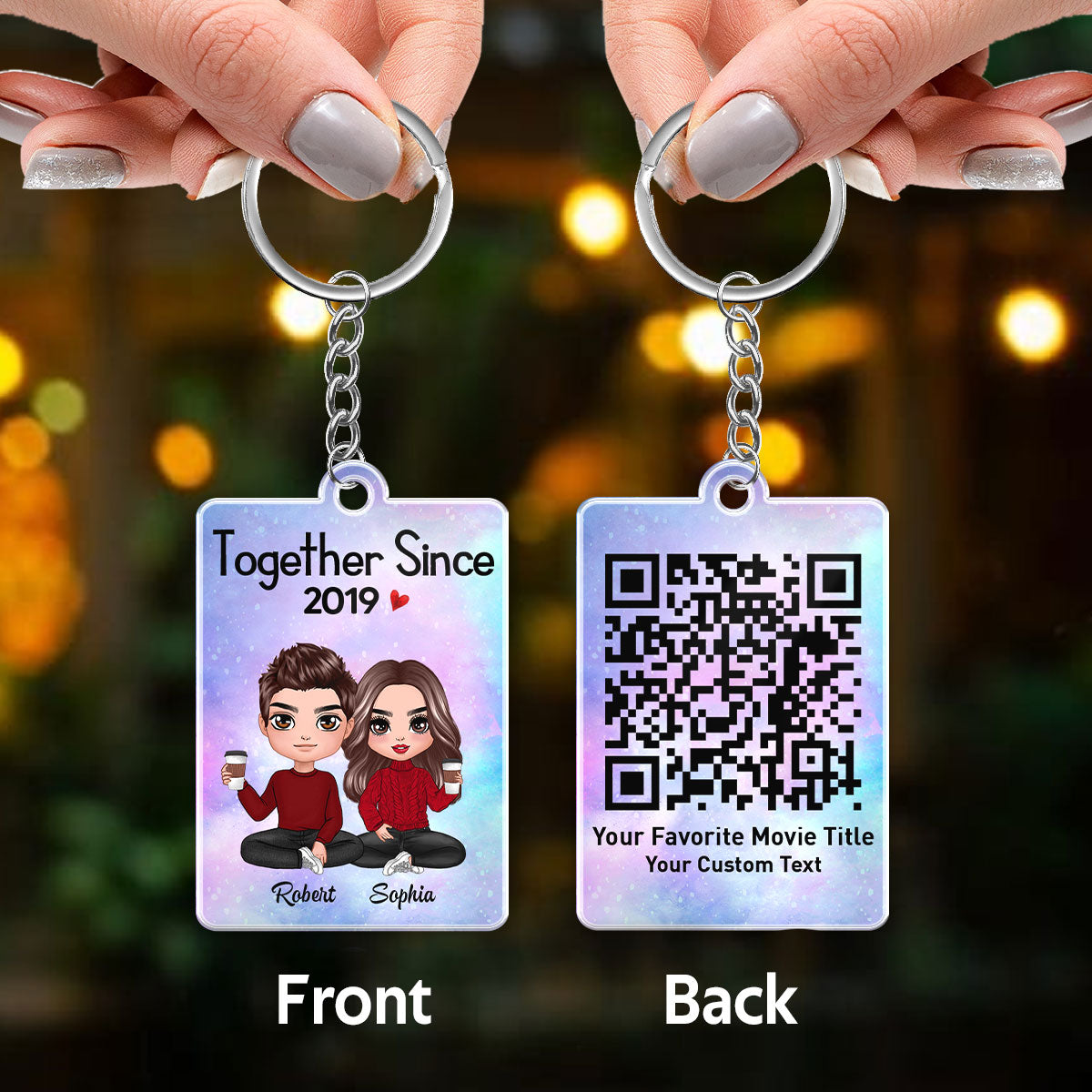 Doll Couple Sitting Together Since Scannable QR Code Personalized Acrylic Keychain