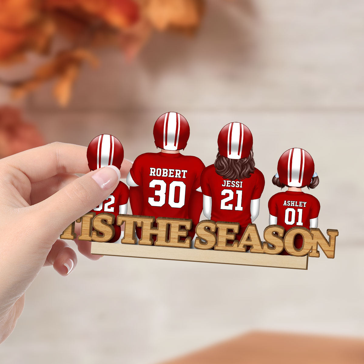 Fall Season Football Family Sitting Back View Personalized 2-Layer Standing Wooden Plaque