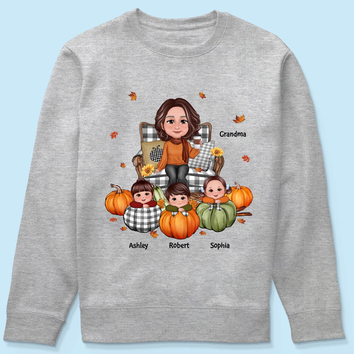 Grandma Sitting On Chair Kids Pumpkin Personalized Shirt, Fall Season Gift For Grandma