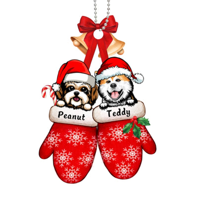 Peeking Dogs On Christmas Gloves Personalized Wooden Ornament