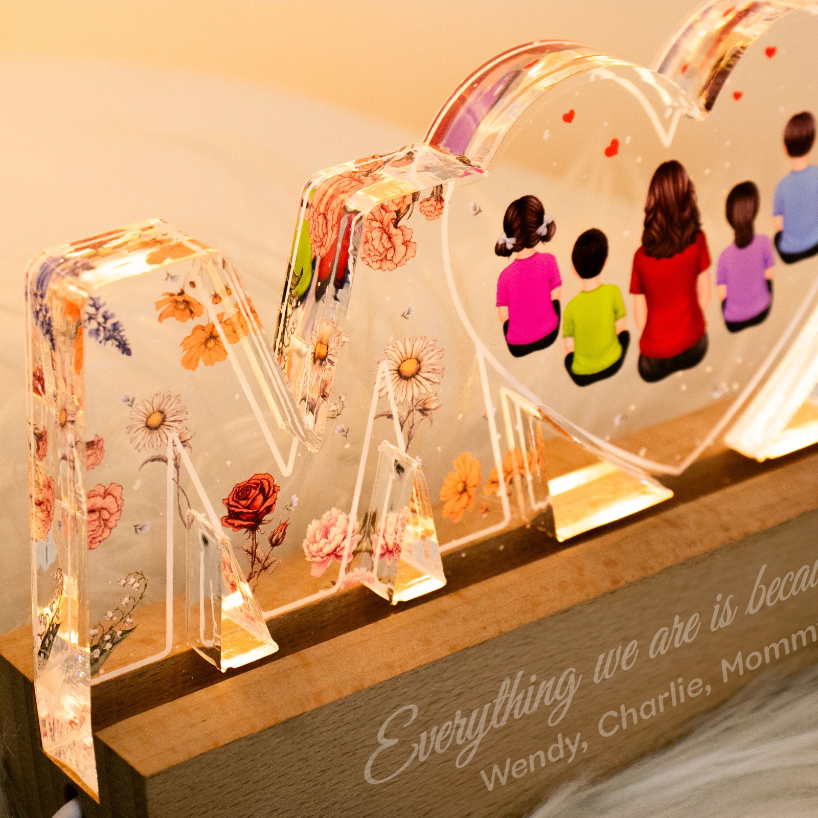 Mom Everything I Am Is Because Of You - Personalized Acrylic Block Plaque LED Night Light - Gift for Mom, Gift for Grandma, Gift for Wife