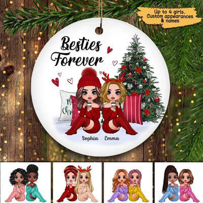 Doll Besties Sitting Beside Christmas Tree Personalized Circle Ornament