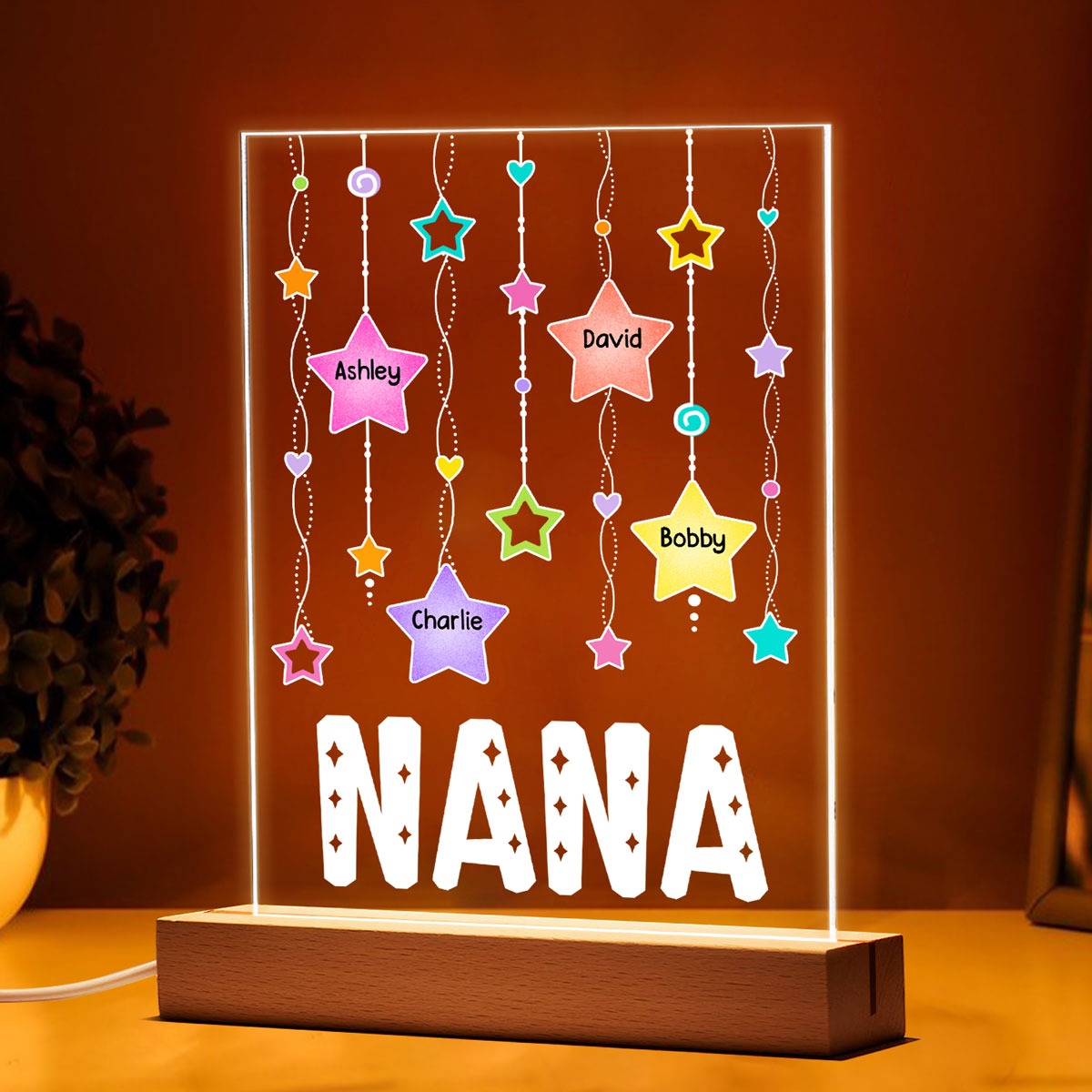 Grandma Mom Stars Strings Kids Names Personalized Rectangle Acrylic Plaque LED Night Light