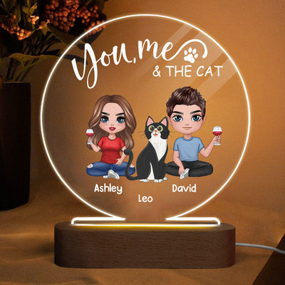 Doll Couple Sitting With Cats You Me And The Cats Personalized Circle Acrylic Plaque LED Lamp Night Light