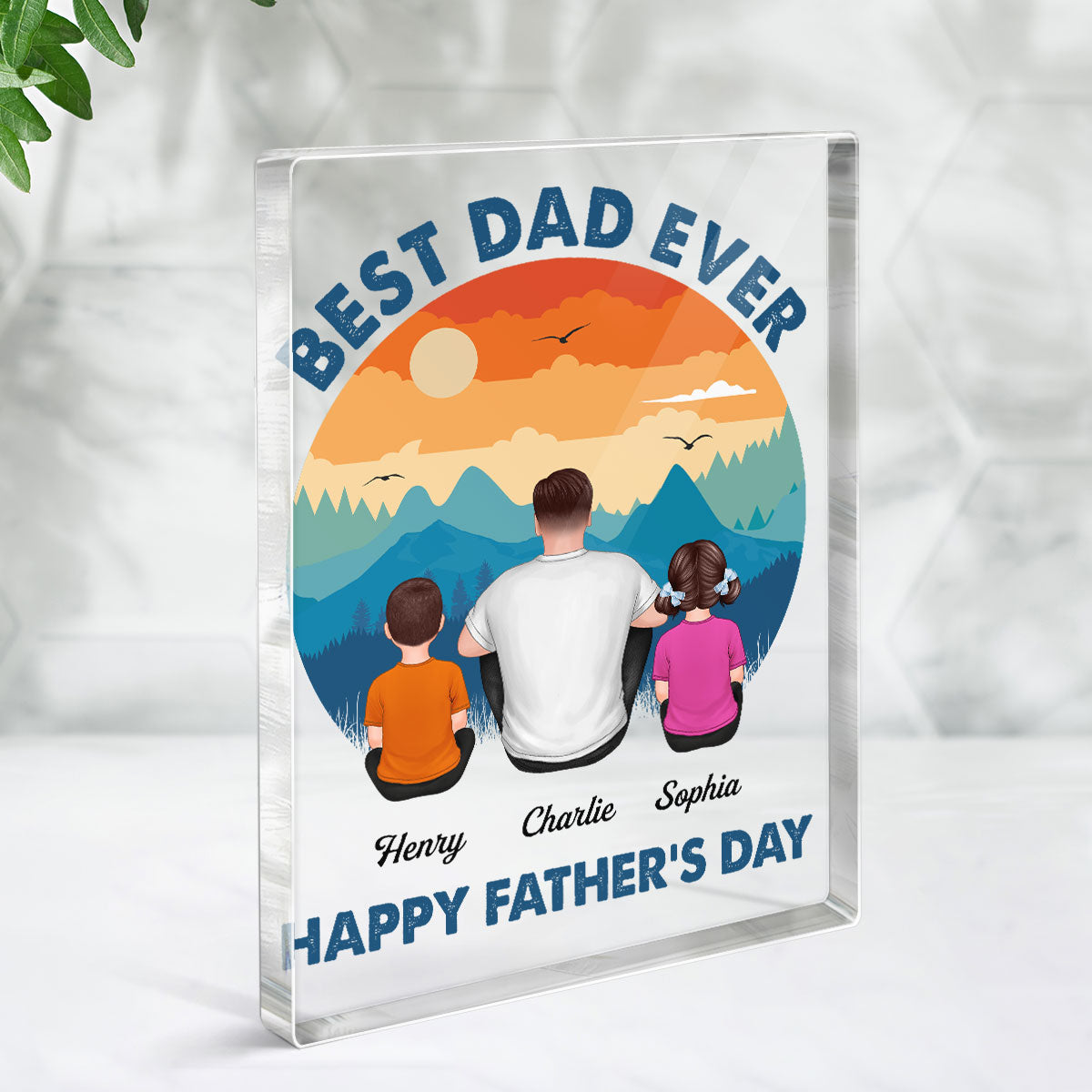 Retro Best Dad Ever Happy Father‘s Day Back View Man Sitting With Kids Dogs Cats Personalized Vertical Rectangle Acrylic Block Plaque