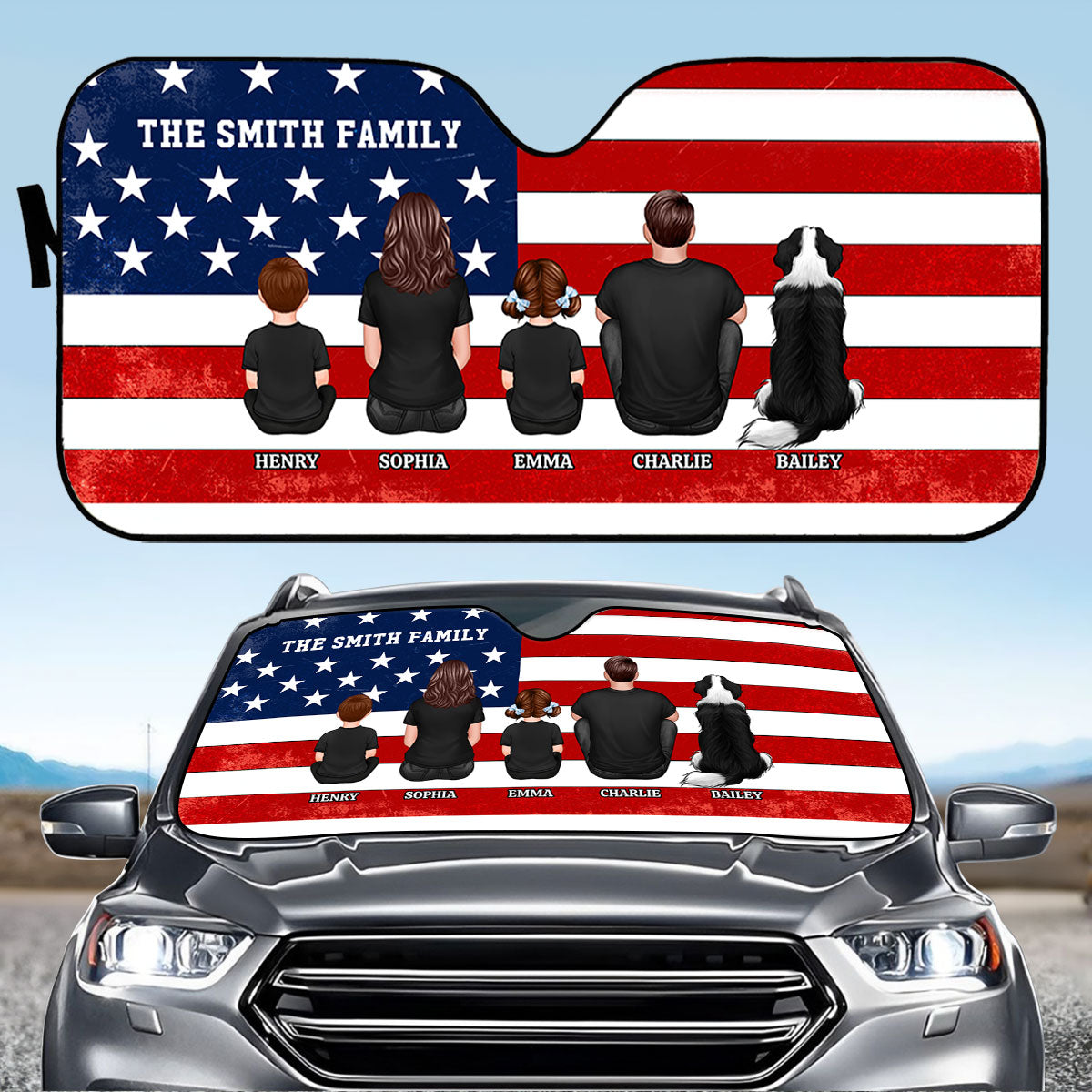 Family Sitting Back View Nation Flag Personalized Car Sun Shade