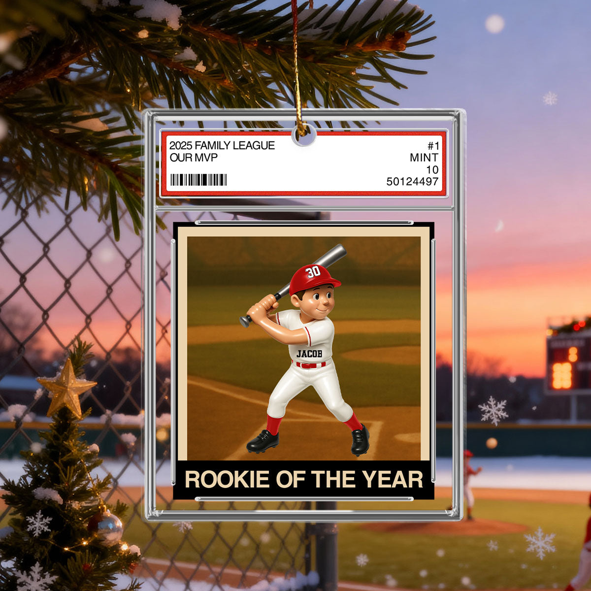 Baseball Player Family League Trading Card Style - Personalized Acrylic Ornament - Christmas Gift For Son, Grandson
