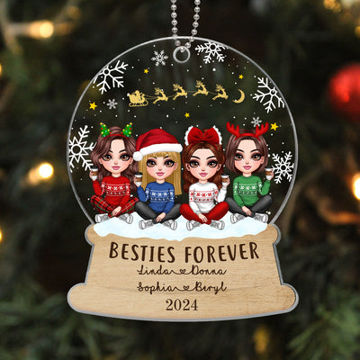 Pretty Friends Sisters Besties Christmas Sitting In Snow Globe Personalized Acrylic Ornament