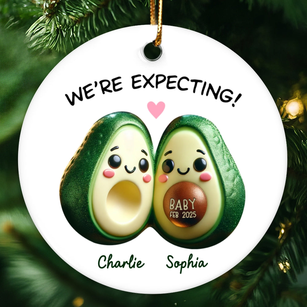Avocado Couple Expecting Parents Pregnancy Announcement 3D Effect Keepsake Personalized Ceramic Flat Ornament