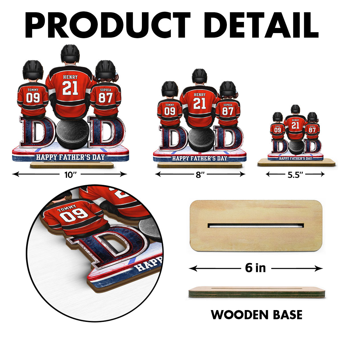 Hockey Dad And Kids Sitting Together - Personalized 2-Layered Wooden Plaque - Father's Day Gift, Gift For Hockey Dad, Gift For Husband