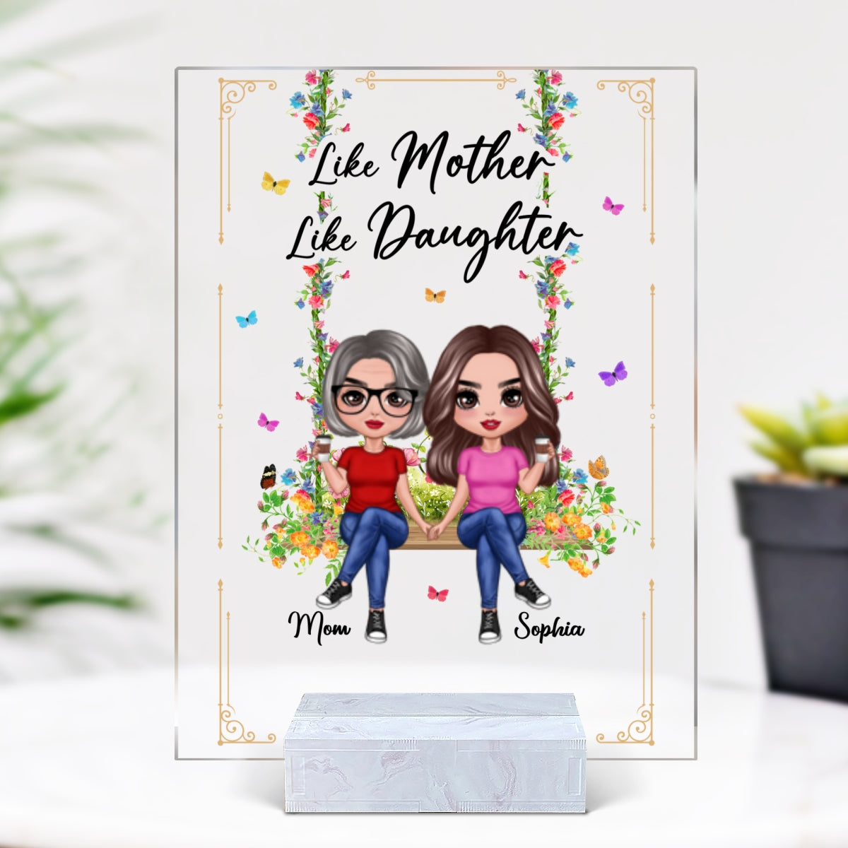 Doll Mom And Daughter Sitting On Floral Swing Personalized Acrylic Plaque