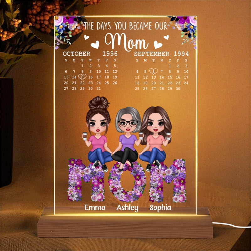 Mom Daughter Son Sitting On Flower Text Calendar Personalized Acrylic LED Night Light