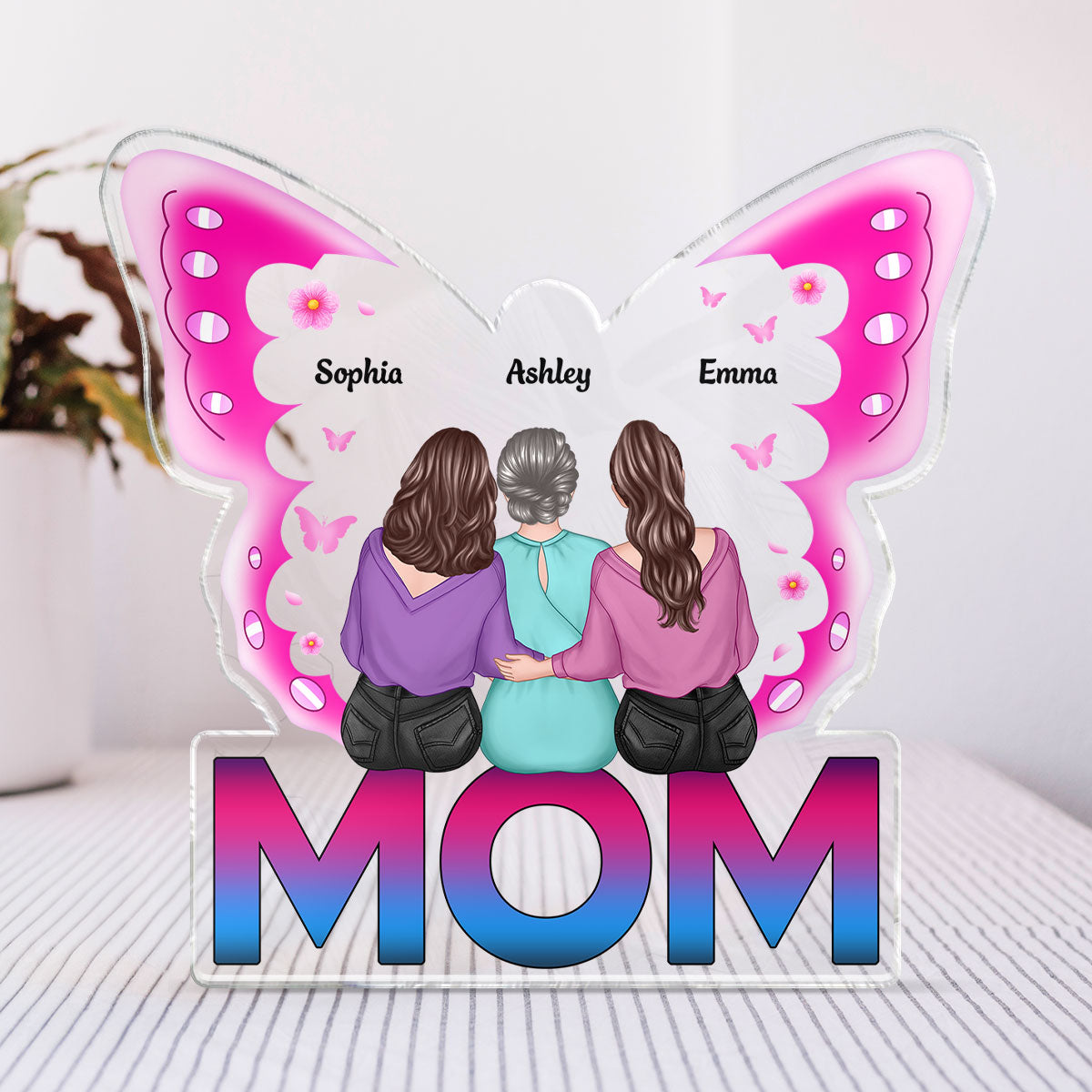 MOM Butterfly Sitting Back View Personalized Acrylic Block, Gift for Mom