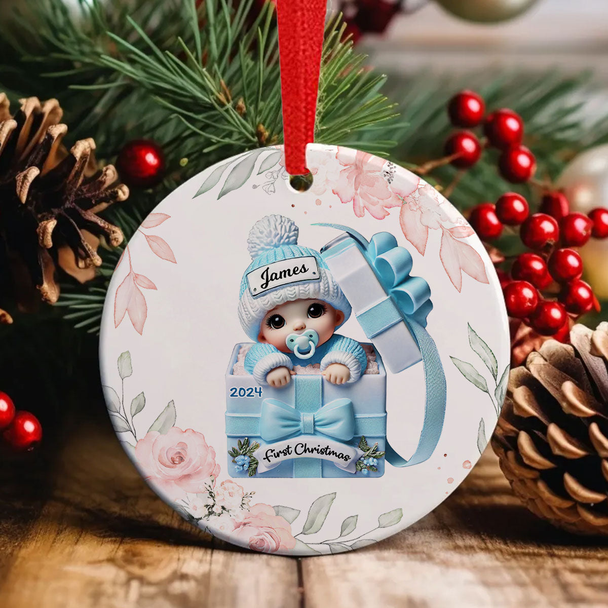Floral Wreath Baby Inside Gift Box Personalized Ceramic Ornament, Baby First Christmas Keepsake