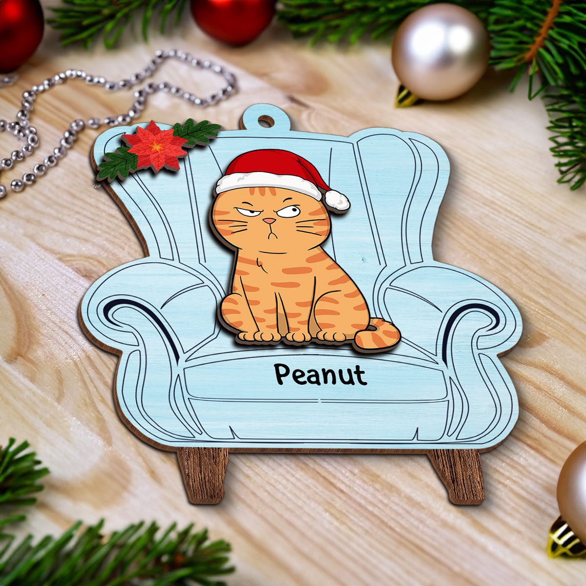 Christmas Cats On Chair Personalized 2-Layer Wooden Ornament