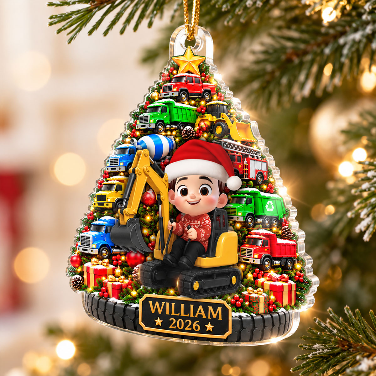 Construction Trucks Christmas Tree 2D Flat – Personalized Acrylic Ornament – Christmas Gift For Boys