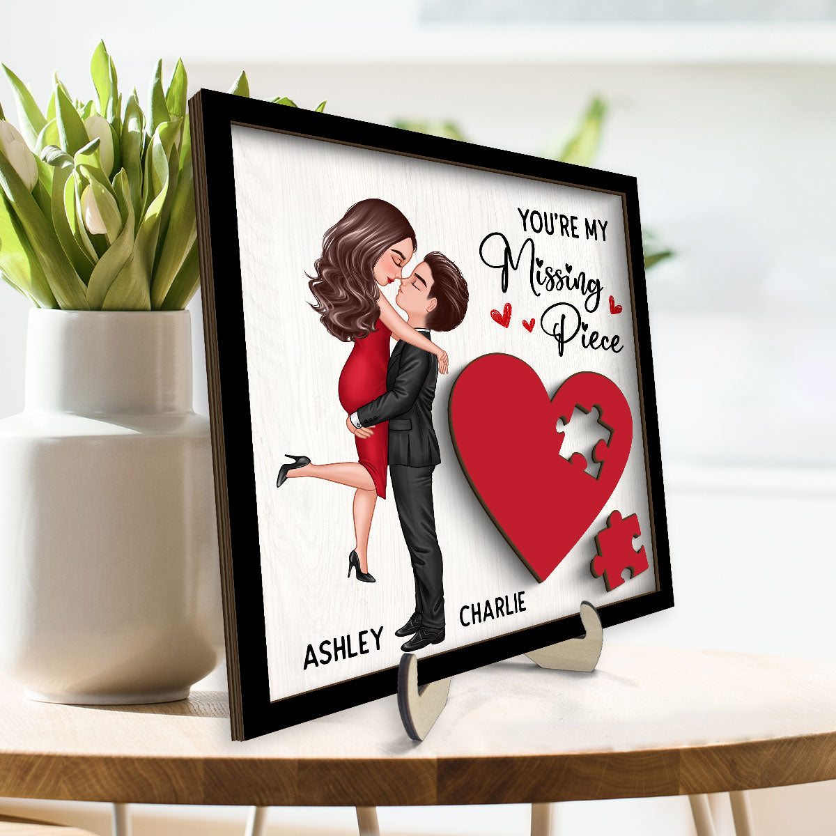 Couple Missing Piece Red Heart Personalized 2-Layer Wooden Plaque, Valentine‘s Day Gift For Him, For Her
