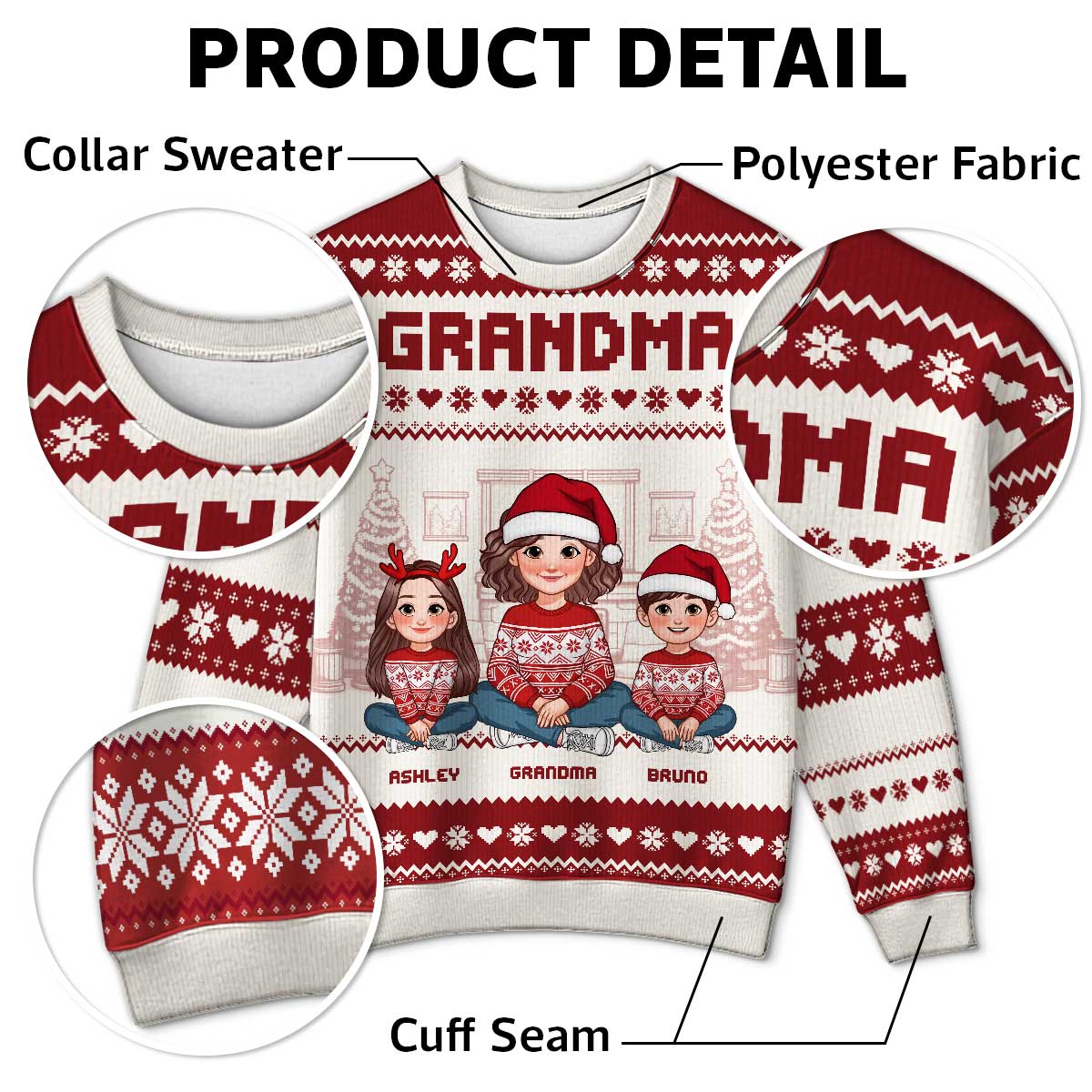 Animated Grandma Grandkids Christmas Personalized Faux Knitting Ugly Sweater