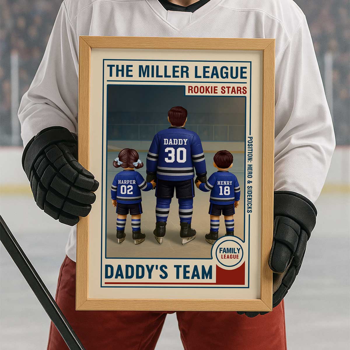 Family League Daddy's Team No. 1 Dad Man & Kids Hockey Retro Personalized Poster