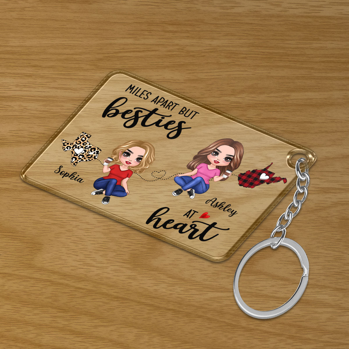Doll Besties Sitting Miles Apart Besties At Heart Long Distance Personalized Acrylic Keychain - Gift For Best Friend